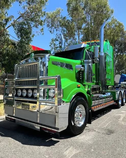 Lime green Kenworth with chrome bullbar
